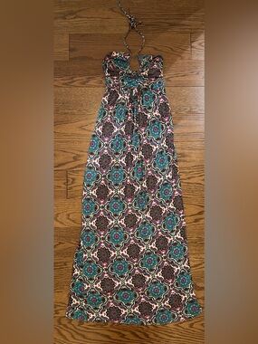 T-Bags Los Angeles Halter Maxi Dress in Teal, Pink & Brown Medallion Print
